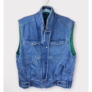 Vintage 80's/90s Andy Johns Denim Utility Vest Stand Collar Lined Made in‎ USA S